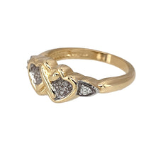 Load image into Gallery viewer, Preowned 9ct Yellow and White Gold &amp; Diamond Set Double Heart Kiss Ring in size L with the weight 3 grams. The front of the ring is 7mm high
