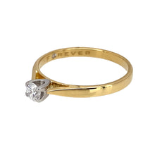 Load image into Gallery viewer, Preowned 18ct Yellow and White Gold &amp; Diamond Set Solitaire Ring in size O with the weight 2.20 grams. The diamond is approximately 21pt with approximate clarity i1 and colour K - M
