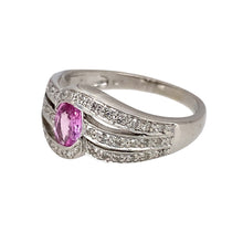 Load image into Gallery viewer, Preowned 14ct White Gold Diamond &amp; Pink Sapphire Set Split Band Ring in size M with the weight 4.10 grams. The sapphire stone is approximately 5mm by 4mm
