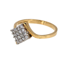 Load image into Gallery viewer, Preowned 18ct Yellow and White Gold &amp; Diamond Set Wrap Over Cluster Ring in size N with the weight 2.50 grams. The front of the ring is 10mm high and there is approximately 0.25ct of diamond content in total
