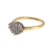 Load image into Gallery viewer, Preowned 9ct Yellow and White Gold &amp; Diamond Set Cluster Ring in size O with the weight 2.40 grams. The front of the ring is 9mm high and there is approximately 25pt of diamond content set in total
