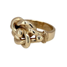 Load image into Gallery viewer, Preowned 9ct Yellow Gold Knot Ring in size Y with the weight 15.60 grams. The front of the ring is 17mm high
