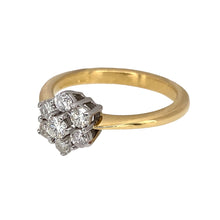 Load image into Gallery viewer, Preowned 18ct Yellow and White Gold &amp; Diamond Set Flower Cluster Ring in size N with the weight 4.10 grams. The front of the ring is 10mm high. There is approximately 50pt of diamond content in total with approximate clarity i1 and colour K - M
