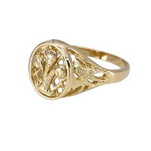 Load image into Gallery viewer, Preowned 9ct Yellow Gold Welsh Three Feathers Signet Ring in size S with the weight 3.90 grams. The front of the ring is 13mm high
