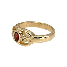 Load image into Gallery viewer, Preowned 9ct Yellow Gold Diamond &amp; Garnet Set Clogau Welsh Gold Ring in size N with the weight 4.10 grams. The garnet stone is 5mm by 3mm
