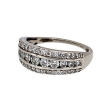 Load image into Gallery viewer, Preowned 9ct White Gold &amp; Diamond Set Three Row Band Ring in size M to N with the weight 3.20 grams. The front of the band is 7mm wide and there is approximately 56pt of diamond content in total
