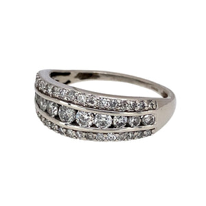 Preowned 9ct White Gold & Diamond Set Three Row Band Ring in size M to N with the weight 3.20 grams. The front of the band is 7mm wide and there is approximately 56pt of diamond content in total