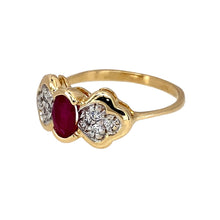 Load image into Gallery viewer, Preowned 9ct Yellow and White Gold Diamond &amp; Ruby Set Ring in size N with the weight 2.30 grams. The ruby stone is 6mm by 4mm
