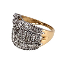 Load image into Gallery viewer, Preowned 9ct Yellow and White Gold &amp; Diamond Set Patterned Swirl Wide Ring in size M with the weight 5.50 grams. The ring is made up of baguette and brilliant cut diamonds and there is approximately 1ct of diamond content in total. The front of the ring is 14mm high
