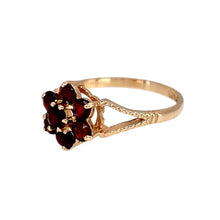 Load image into Gallery viewer, Preowned 9ct Yellow Gold &amp; Garnet Set Flower Cluster Ring in size L to M with the weight 1.70 grams. The front of the ring is 10mm high
