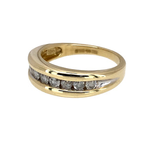 Preowned 9ct Yellow and White Gold & Diamond Set Half Eternity Style Band Ring in size N with the weight 3.80 grams. The front of the band is 6mm wide and there is approximately 50pt of diamond content set in total