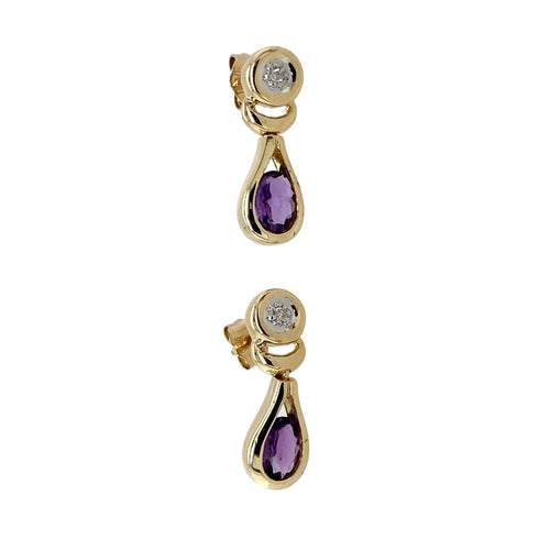 9ct Gold Diamond & Amethyst Set Drop Earrings