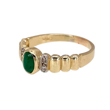 Load image into Gallery viewer, Preowned 9ct Yellow Gold Diamond &amp; Green Cabochon Set Ring in size Q with the weight 2.70 grams. The green stone is 6mm by 4mm
