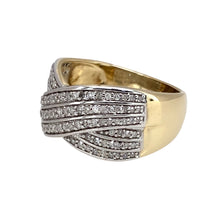 Load image into Gallery viewer, Preowned 9ct Yellow and White Gold &amp; Diamond Set Crossover Band Ring in size N with the weight 5 grams. There is approximately 50pt of diamond content set in total and the band is 11m wide at the widest point
