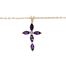 Load image into Gallery viewer, Preowned 9ct Yellow and White Gold Diamond &amp; Amethyst Set Cross Pendant on a 20&quot; belcher chain with the weight 2.50 grams. The pendant is 3cm long including the bail
