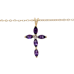 Preowned 9ct Yellow and White Gold Diamond & Amethyst Set Cross Pendant on a 20" belcher chain with the weight 2.50 grams. The pendant is 3cm long including the bail