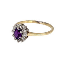 Load image into Gallery viewer, Preowned 9ct Yellow and White Gold Diamond &amp; Amethyst Set Cluster Ring in size N with the weight 1.40 grams. The amethyst stone is 5mm by 4mm
