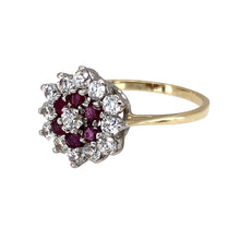 Load image into Gallery viewer, Preowned 9ct Yellow and White Gold Red Stone &amp; Cubic Zirconia Set Cluster Ring in size Q with the weight 2.90 grams. The front of the ring is 14mm high and the red stones are each approximately 2mm diameter
