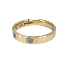 Load image into Gallery viewer, Preowned 9ct Yellow Gold &amp; Diamond Set Band Ring in size P with the weight 3 grams. The band is 4mm wide and there are three diamonds set in the front of the band
