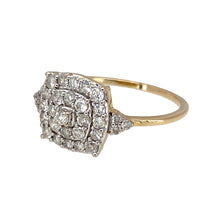 Load image into Gallery viewer, Preowned 9ct Yellow and White Gold &amp; Diamond Set Three Row Halo Ring in size T to U with the weight 2.30 grams. The front of the ring is 11mm high and there is approximately 55pt of diamond content in total
