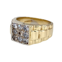 Load image into Gallery viewer, Preowned 9ct Yellow and White Gold &amp; Cubic Zirconia Set Signet Ring in size T with the weight 13.60 grams. The front of the ring is 11mm high
