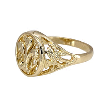 Load image into Gallery viewer, Preowned 9ct Yellow Gold Welsh Three Feather Signet Ring in size R with the weight 3.70 grams. The front of the ring is 13mm high and there are dragons on the shoudlers of the ring
