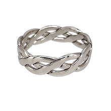 Load image into Gallery viewer, Preowned 9ct White Gold Open Celtic Weave Band Ring in size R with the weight 4.10 grams. The band is 6mm wide
