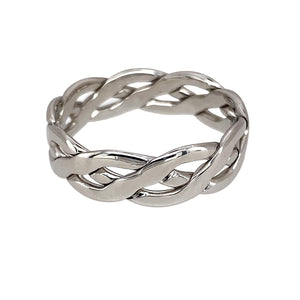 Preowned 9ct White Gold Open Celtic Weave Band Ring in size R with the weight 4.10 grams. The band is 6mm wide