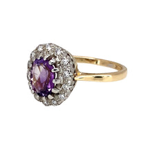 Load image into Gallery viewer, Preowned 9ct Yellow and White Gold Diamond &amp; Amethyst Set Cluster Ring in size N with the weight 3.50 grams. The amethyst stone is 8mm by 6mm
