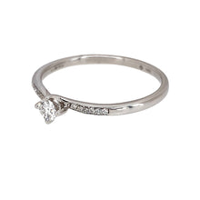 Load image into Gallery viewer, Preowned 18ct White Gold &amp; Diamond Set Solitaire Twist Ring in size U with the weight 2.40 grams. The center diamond is approximately 21pt and there are diamonds set on the shoulders of the band
