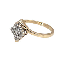 Load image into Gallery viewer, Preowned 9ct Yellow and White Gold &amp; Diamond Set Square Cluster Twist Ring in size R with weight 2.30 grams. The front of the ring is 12mm high
