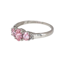 Load image into Gallery viewer, Preowned 9ct White Gold Pink Stone &amp; Cubic Zirconia Set Trilogy Ring in size P with the weight 1.70 grams. The center pink stone is 6mm by 4mm
