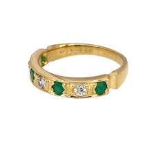 Load image into Gallery viewer, Preowned 18ct Yellow Gold Diamond &amp; Emerald Set Band Ring in size N with the weight 3.50 grams. There is approximately 15pt of diamond content set in total. The front of the band is 4mm wide and the emerald stones are each 3mm diameter
