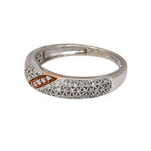 Load image into Gallery viewer, Preowned 9ct White and Rose Gold &amp; Diamond Set Band Ring in size P with the weight 2.40 grams. The front of the band is 5mm wide
