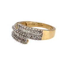 Load image into Gallery viewer, Preowned 9ct Yellow and White Gold &amp; Diamond Set Wrap Around Ring in size O with the weight 3.40 grams. The ring is made up of brilliant and baguette cut diamonds and the front of the ring is 9mm high. There is approximately 50pt of diamond content in total
