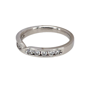 Preowned Platinum & Diamond Set Band Ring in size K with the weight 4 grams. The band is 3mm wide at the front of the band and there is approximately 30pt of diamond content set in total. The band has a slight 'V' in the front which can accommodate an engagement ring