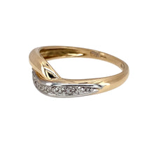 Load image into Gallery viewer, Preowned 9ct Yellow and White Gold &amp; Diamond Curved Overlap Set Band Ring in size L with the weight 1.70 grams. The front of the band is 6mm wide
