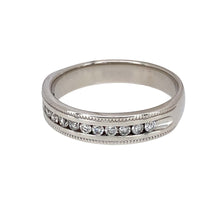 Load image into Gallery viewer, Preowned 18ct White Gold &amp; Diamond Set Band Ring in size N with the weight 3.90 grams. The band has a beaded edge and is 4.5mm wide at the front with approximately 25pt of diamond content set in total
