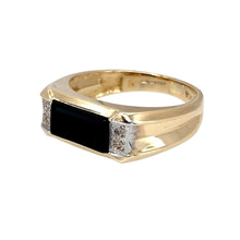 Load image into Gallery viewer, Preowned 9ct Yellow and White Gold Diamond &amp; Rectangle Onyx Set Signet Ring in size Q with the weight 4.40 grams. The rectangle stone is 5mm by 10mm
