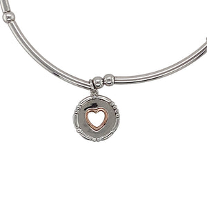 Preowned 925 Silver Clogau with 9ct Rose Gold Clogau Heart Stretchy Bangle with the weight 3.80 grams. The heart charm is 11mm diameter