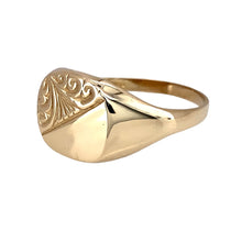 Load image into Gallery viewer, Preowned 9ct Yellow Gold Patterned Signet Ring in size Z with the weight 4.20 grams. The front of the ring is 12mm high
