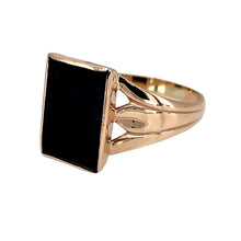 Load image into Gallery viewer, Preowned 9ct Rose Gold &amp; Onyx Set Rectangle Signet Ring in size P with the weight 2.40 grams. The front of the ring is 12mm high and the onyx stone is 11mm by 8mm
