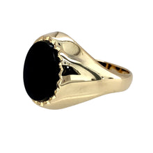 Load image into Gallery viewer, Preowned 9ct Yellow Gold &amp; Onyx Set Oval Signet Ring in size U with the weight 8.80 grams. The front of the ring is 19mm high and the 13mm by 11mm
