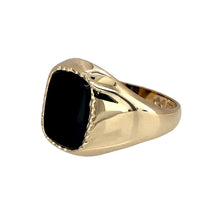 Load image into Gallery viewer, Preowned 9ct Yellow Gold &amp; Onyx Set Rectangle Signet Ring in size J with the weight 2.70 grams. The front of the ring is 13mm high and the onyx stone is 10mm by 8mm
