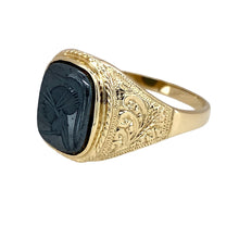 Load image into Gallery viewer, Preowned 9ct Yellow Gold &amp; Hematite Centurion Set Signet Ring in size Y with the weight 5.90 grams. The front of the ring is 15mm high and the hematite stone is 12mm by 10mm
