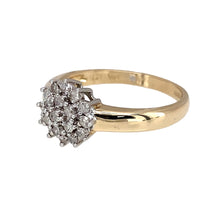 Load image into Gallery viewer, Preowned 9ct Yellow and White Gold &amp; Diamond Set Cluster Ring in size N to O with the weight 2.60 grams. The front of the ring is 10mm high and there is approximately 25pt of diamond content in total
