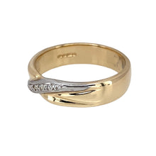 Load image into Gallery viewer, Preowned 9ct Yellow and White Gold &amp; Diamond Set Crossover Band Ring in size N with the weight 3.70 grams. The band band is 5mm wide
