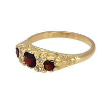 Load image into Gallery viewer, Preowned 18ct Yellow Gold Diamond &amp; Garnet Set Antique Style Ring in size R with the weight 4.60 grams. The front of the ring is 6mm high and the center garnet stone is 4mm diameter
