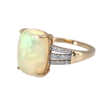 Load image into Gallery viewer, Preowned 9ct Yellow and White Gold Diamond &amp; Opalique Set Dress Ring in size T with the weight 3.50 grams. The band is diamond set and split into three bands. The opalique opal style stone is 14mm by 11mm
