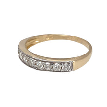 Load image into Gallery viewer, Preowned 9ct Yellow and White Gold &amp; Diamond Set Half Eternity Style Band Ring in size R with the weight 2 grams. The front of the band is 4mm wide and there is approximately 36pt of diamond content in total
